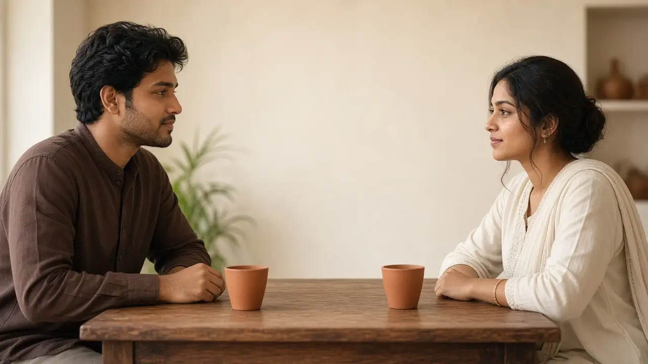 A couple talking across a wooden table during a matrimonial introduction